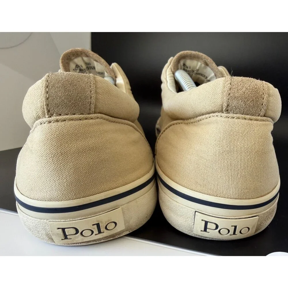 Polo Ralph Lauren Thorton V Men's Khaki Washed Canvas Slip-On Sneakers Sz 12D